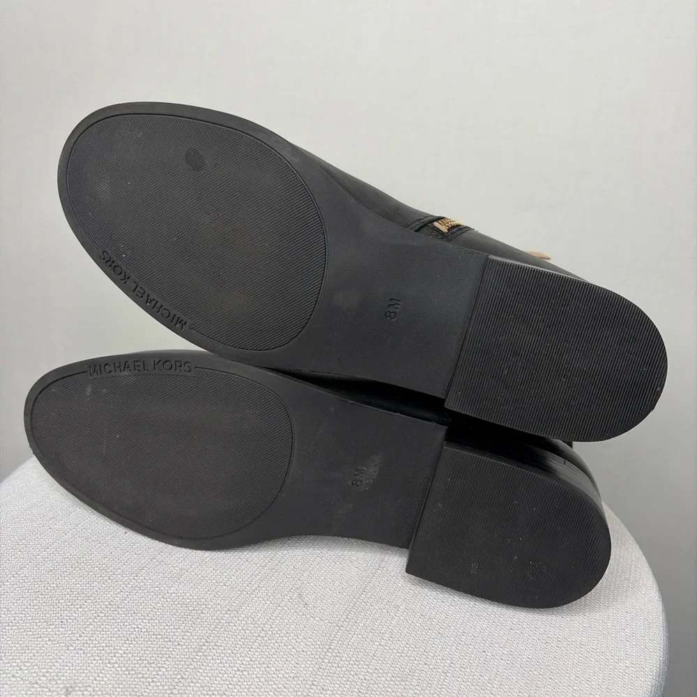 Michael Kors Black Leather Ankle Boots women’s Size 8 MK Logo Strap(B82)✨